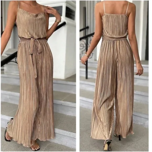 Luxe Olive Green Pleated Belted Wide Leg Cami Jumpsuit - Picture 2 of 7